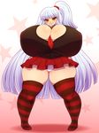  between_breasts blush breasts brown_eyes cleavage copyright_request curvy erect_nipples fat gigantic_breasts grin hips long_hair looking_at_viewer pastelletta side_ponytail skirt smile solo standing thick_thighs thighhighs very_long_hair white_hair wide_hips yellow_eyes 