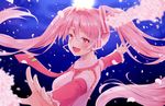  cherry_blossoms detached_sleeves full_moon hair_ornament hatsune_miku hazuki_natsu head_wings long_hair long_sleeves looking_at_viewer moon necktie night open_mouth outstretched_arms petals pink_eyes pink_hair sakura_miku shirt sky smile solo twintails upper_body very_long_hair vocaloid wide_sleeves 