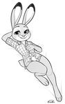  bottomless clothed clothing disney female judy_hopps lying monochrome on_back open_shirt siden smile solo zootopia 