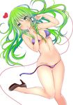  alternate_costume bikini blush commentary_request finger_to_mouth frog_hair_ornament green_eyes green_hair hair_ornament hair_tubes heart high_heels knees_together_feet_apart kochiya_sanae long_hair looking_at_viewer navel no_socks panties purple_bikini red_string rimu_(kingyo_origin) side-tie_panties snake_hair_ornament solo string swimsuit touhou underwear untied untied_panties white_background 