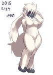  anthro big_breasts breasts canine dog featureless_breasts female furfrou japanese_text mammal ni_jikan nintendo nude pok&eacute;mon signature simple_background solo text video_games white_background 