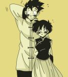  1girl :o arm_behind_back arm_behind_head black_hair blush breasts chinese_clothes dragon_ball dragon_ball_z height_difference long_skirt looking_up mogura_(mogura1002) monochrome nervous short_hair simple_background skirt son_gohan standing sweatdrop upper_body videl yellow_background 