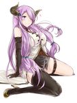  black_gloves black_legwear blue_eyes draph elbow_gloves full_body gloves granblue_fantasy hair_over_one_eye heart highres horns long_hair narmaya_(granblue_fantasy) purple_hair simple_background sitting solo thighhighs vellark white_background 