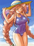  animal_ears beach blush braid breasts breath_of_fire breath_of_fire_iii cloud covered_navel covered_nipples day dr.p glasses hat large_breasts long_hair momo_(breath_of_fire) ocean one-piece_swimsuit orange_hair red_hair school_swimsuit smile solo source_request sun_hat swimsuit tan twintails 