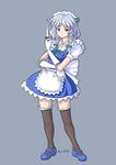  apron blue_eyes blue_footwear blue_skirt braid breasts commentary gloves izayoi_sakuya knife maid maid_apron maid_headdress medium_breasts profitshame shoes silver_hair simple_background skirt smile solo thighhighs touhou twin_braids waist_apron white_gloves 