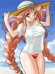 beach blush breasts breath_of_fire breath_of_fire_iii cloud day dr.p glasses hat large_breasts momo_(breath_of_fire) ocean shirt solo sun_hat swimsuit 