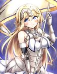  bare_shoulders blonde_hair blue_eyes blush breasts cleavage fate/apocrypha fate/grand_order fate_(series) flag gauntlets helmet jeanne_d'arc_(fate) jeanne_d'arc_(fate)_(all) large_breasts long_hair looking_at_viewer ohitashi_netsurou smile solo 