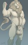  2016 anthro balls big_balls body_hair chest_hair explicital feline feral green_eyes happy_trail lion looking_at_viewer male mammal muscular nude penis portrait pose solo standing three-quarter_portrait 