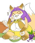  &lt;3 anthro apple big_breasts bovine bread breasts canine cattle cattle-fox_god_hathor chibi clothed clothing concon-collector cowbell eating egyptian_clothing female food fox fruit fur grapes hi_res horn hybrid mammal meat no3512 obese overweight paws simple_background solo white_background 