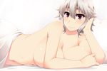  bed_sheet blanket blush breasts commentary_request hayashi_custom huge_breasts izayoi_sakuya lying navel on_stomach red_eyes short_hair silver_hair simple_background solo topless touhou white_background 