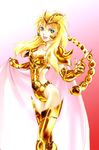  1girl armor bikini_armor blonde_hair breasts cape cleavage fingernails genderswap green_eyes helm helmet long_fingernails long_hair nail nail_polish open_mouth red_nails saint_seiya scorpio_milo scorpion shiny smile solo tail tongue very_long_hair wink zodiac 