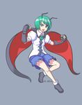  antennae black_footwear blue_eyes blue_shorts breasts cape commentary d: dated gauntlets gloves green_hair open_mouth profitshame shirt shoes shorts small_breasts solo touhou v-shaped_eyebrows white_shirt wriggle_nightbug 