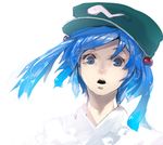  blue_eyes blue_hair face green_hat hair_bobbles hair_ornament hat kawashiro_nitori open_mouth short_hair solo surprised tlman touhou two_side_up white_background 