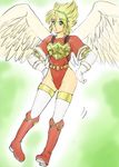  angel_wings armor blonde_hair boots breath_of_fire breath_of_fire_i gloves green_eyes hairband kuroriku-kaname leotard nina_(breath_of_fire_i) short_hair thighhighs white_background white_wings wings 