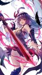  achan_(blue_semi) boots breasts cleavage dark_jeanne dark_persona feathers floating_hair gloves granblue_fantasy holding holding_sword holding_weapon jeanne_d'arc_(granblue_fantasy) knee_boots large_breasts long_hair looking_at_viewer purple_hair red_eyes skirt smile solo sword very_long_hair weapon 