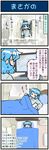  4koma :3 artist_self-insert bed blue_hair comic commentary_request curtains heterochromia highres japanese_clothes kimono looking_out_window lying map mizuki_hitoshi on_back pillow real_life_insert snowing solo sweat tatara_kogasa teardrop tears television touhou translated under_covers yukata 