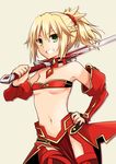  bandeau blonde_hair braid clarent detached_sleeves fate/apocrypha fate_(series) green_eyes grin midriff mordred_(fate) mordred_(fate)_(all) navel ponytail quro_(black_river) smile solo strapless 