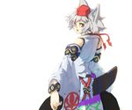  animal_ears bare_shoulders bracelet detached_sleeves embellished_costume hat inubashiri_momiji jewelry looking_back red_hat sheath sheathed short_hair solo sword tlman tokin_hat touhou weapon white_background white_hair wide_sleeves wolf_ears yellow_eyes 