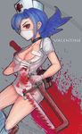  1girl blood blue_hair mask medical_saw nurse skullgirls solo symbol-shaped_pupils valentine_(skullgirls) 