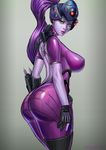  ass back_tattoo bare_back bodysuit breasts covered_nipples grey_background head_mounted_display large_breasts lips long_hair looking_at_viewer mavezar overwatch pink_bodysuit ponytail purple_hair purple_skirt skirt solo spider_tattoo tattoo thighs widowmaker_(overwatch) yellow_eyes 