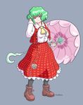  :3 ascot black_legwear boots breasts commentary dated flower frilled_skirt frills green_hair hair_grab kazami_yuuka large_breasts long_sleeves pantyhose parasol plaid plaid_skirt plaid_vest profitshame red_eyes skirt skirt_set smile solo touhou umbrella vest 