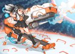  absurdres bad_id bad_pixiv_id black_gloves black_hair black_legwear gloves gradient_hair hair_ribbon highres kneehighs mecha multicolored_hair orange_eyes original ribbon sailor_collar school_uniform skirt smoke solo staple stapler suspender_skirt suspenders yai_(hachihito) 