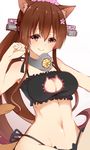 animal_ears blush breasts brown_hair cat_cutout cat_ears cat_lingerie cat_tail cleavage cleavage_cutout detached_collar groin kantai_collection kemonomimi_mode large_breasts long_hair looking_at_viewer meme_attire midriff navel panties paw_pose side-tie_panties simple_background smile solo stomach string_panties suishin_tenra tail tareme underwear underwear_only white_background yamato_(kantai_collection) 