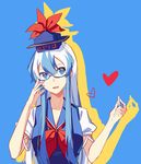 bespectacled blue-framed_eyewear blue_background blue_eyes blue_hair chalk dress ginryuu glasses hat head_tilt heart highres kamishirasawa_keine long_hair looking_to_the_side multicolored_hair open_mouth puffy_sleeves short_sleeves simple_background solo touhou upper_body white_hair 