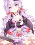  bow collarbone dress frilled_dress frills hair_bow hair_ornament highres holding holding_stuffed_animal long_hair looking_at_viewer purple_eyes purple_hair purple_legwear solo stuffed_animal stuffed_bunny stuffed_toy teardrop thighhighs twintails vocaloid voiceroid yamagara yuzuki_yukari 