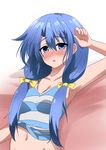  arm_up armpits bad_id bad_pixiv_id blue_eyes blue_hair blush bottomless breasts camisole canghai_yang cleavage highres long_hair navel open_mouth original out-of-frame_censoring ribbon small_breasts solo twintails 