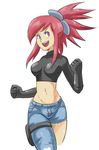  1girl asuna_(pokemon) fusion fuuro_(pokemon) gloves navel pokemon ponytail purple_eyes red_hair wide_hips 