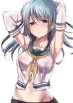  armpits arms_up blue_eyes blue_hair crop_top hat kantai_collection long_hair midriff navel neckerchief open_clothes open_shirt school_uniform serafuku shirt solo tai_(nazutai) urakaze_(kantai_collection) yellow_neckwear 