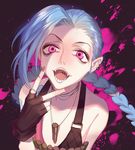  bangs blood blood_splatter blue_hair braid bullet dj.adonis earrings eyebrows eyebrows_visible_through_hair eyelashes fangs fingerless_gloves fingernails flat_chest gloves highres jewelry jinx_(league_of_legends) league_of_legends long_hair looking_at_viewer necklace nostrils open_mouth pink_blood pink_eyes sharp_teeth smile solo tattoo teeth tongue twin_braids uvula v 