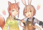  2girls animal_ears aqua_eyes braids bunny_ears bunnygirl cosplay food foxgirl gray_hair luo_tianyi orange_eyes orange_hair tail tie vocaloid vocaloid_china weitu yuezheng_ling zootopia 