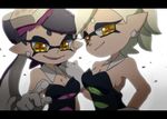  2girls anime_coloring aori_(splatoon) bare_shoulders black_dress black_hair breasts cleavage cousins detached_collar domino_mask dress earrings eyebrows eyebrows_visible_through_hair food food_on_head gloves hat hotaru_(splatoon) jewelry long_hair looking_at_viewer mask medium_breasts mole mole_under_eye multiple_girls object_on_head pointy_ears short_hair smile splatoon_(series) splatoon_1 splatoon_2 strapless symbol-shaped_pupils tentacle_hair tentacles thick_eyebrows ukata upper_body white_background white_gloves white_hair yellow_eyes 