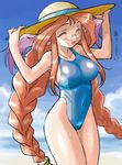  beach blush breasts breath_of_fire breath_of_fire_iii cloud covered_navel covered_nipples day dr.p glasses large_breasts momo_(breath_of_fire) ocean one-piece_swimsuit solo swimsuit 