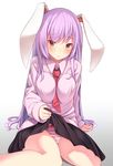  animal_ears arm_support bad_id bad_twitter_id bangs between_breasts black_skirt blush bow bow_panties breasts bunny_ears jpeg_artifacts large_breasts lifted_by_self long_hair long_sleeves looking_at_viewer necktie necktie_between_breasts oimo_(imoyoukan) panties pleated_skirt purple_hair red_eyes red_neckwear reisen_udongein_inaba sitting skirt solo striped striped_panties touhou underwear very_long_hair 