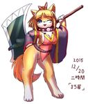  anthro axe barefoot big_breasts bottomless breasts canine cleavage clothed clothing collar detached_sleeves female fur japanese_text mammal melee_weapon ni_jikan one_eye_closed ponytail side_boob simple_background solo text weapon white_background wink 