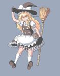  apron black_skirt blonde_hair bow braid breasts broom commentary dated fingerless_gloves frilled_skirt frills gloves grin hair_bow hat kirisame_marisa profitshame puffy_short_sleeves puffy_sleeves shoes short_sleeves side_braid skirt small_breasts smile socks solo touhou waist_apron witch_hat yellow_eyes 