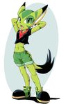  alpha_channel carol_tea clothed clothing feline female footwear freedom_planet fur goshaag green_eyes green_fur hands_behind_head mammal midriff navel open_mouth scarf shoes simple_background solo transparent_background video_games wildcat 