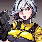  agent_helix breasts g.i._joe green_eyes gun hair_over_one_eye handgun large_breasts lips looking_at_viewer lowres matagitii multicolored_hair oekaki solo weapon 