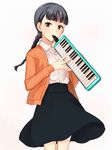  bad_id bad_pixiv_id bangs black_hair black_skirt blush braid brown_eyes cardigan collared_shirt cowboy_shot dress_shirt holding instrument keyboard_(instrument) long_hair long_sleeves looking_at_viewer maruishi melodica music open_cardigan open_clothes playing_instrument shirt simple_background single_braid skirt solo teruya_fumika white_background white_shirt world_trigger 