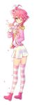  absurdres ahoge ass bittersweet_(dalcoms) blush ensemble_stars! epaulettes from_behind full_body green_eyes hat highres himemiya_touri looking_back male_focus mini_hat mini_top_hat one_eye_closed open_mouth petals pink_hair short_shorts shorts sidelocks solo striped striped_legwear thighhighs top_hat v 