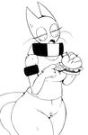  anthro armband bottomless breasts burger cat clothed clothing collar fastnail feline female food fur hi_res mammal monochrome noseless open_mouth simple_background slightly_chubby thick_thighs whiskers white_background wide_hips 