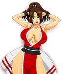  bare_shoulders blush breasts brown_hair erect_nipples erect_nipples_under_clothes fatal_fury large_breasts long_hair no_bra no_panties open_mouth pixiv_manga_sample ponytail revealing_clothes shiranui_mai simple_background smile white_background 