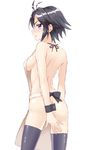  alternate_costume antenna_hair apron ass back bangs black_bow black_hair black_legwear bow breasts butt_crack closed_mouth covering covering_ass cowboy_shot eyebrows eyebrows_visible_through_hair from_behind highres idolmaster idolmaster_(classic) kikuchi_makoto looking_at_viewer looking_back medium_breasts naked_apron profile purple_eyes short_hair shunichi sideboob solo thighhighs white_apron wrist_cuffs 