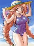  animal_ears beach blush braid breasts breath_of_fire breath_of_fire_iii cloud covered_navel covered_nipples day dr.p glasses hat large_breasts long_hair momo_(breath_of_fire) ocean one-piece_swimsuit orange_hair red_hair solo source_request sun_hat swimsuit translated twintails 