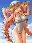  beach blush breasts breath_of_fire breath_of_fire_iii cloud covered_navel covered_nipples day dr.p glasses large_breasts momo_(breath_of_fire) ocean one-piece_swimsuit solo swimsuit tan 