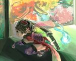  armor black_hair brown_eyes conjaku flower hair_flower hair_ornament looking_at_viewer momohime oboro_muramasa outstretched_leg sandals solo squatting sword thighhighs weapon 