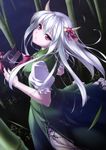  absurdres bamboo bamboo_forest ex-keine forest hat hat_removed headwear_removed highres holding holding_hat horns kamishirasawa_keine long_hair looking_up nature night red_eyes rokuwata_tomoe silver_hair smile solo touhou 